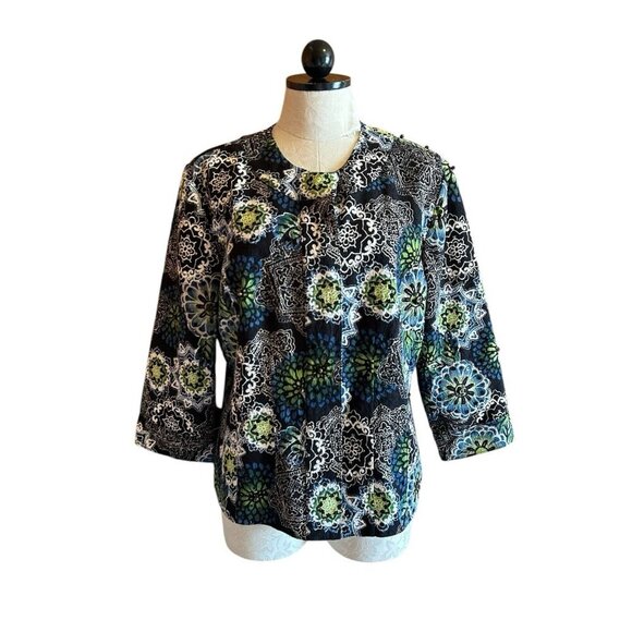 Chico's Jackets & Blazers - Chico's Printed Mandalla Jacket Blazer Black Long Sleeve Sequins Sz 2 (L)